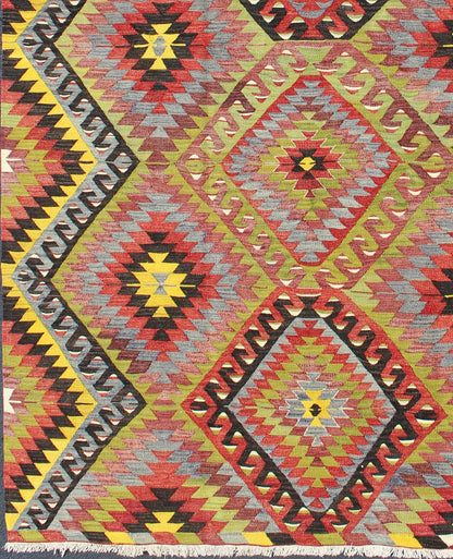 Vintage Turkish Kilim with Diamond Design in Brilliant Multi Colors. Measures: 5'8 x 8'11. This colorful Turkish Kilim boasts a repeating diamond pattern in vivid greens, yellows and reds, giving it a very modern look, perfect for modern and cas... - Keivan Woven ArtsTU - NED - 114 - 3536Rug