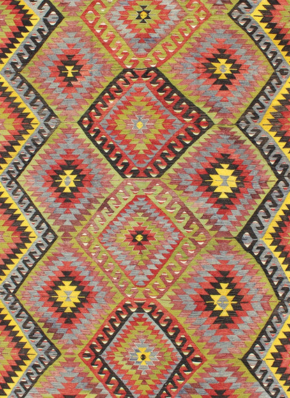 Vintage Turkish Kilim with Diamond Design in Brilliant Multi Colors. Measures: 5'8 x 8'11. This colorful Turkish Kilim boasts a repeating diamond pattern in vivid greens, yellows and reds, giving it a very modern look, perfect for modern and cas... - Keivan Woven ArtsTU - NED - 114 - 3536Rug
