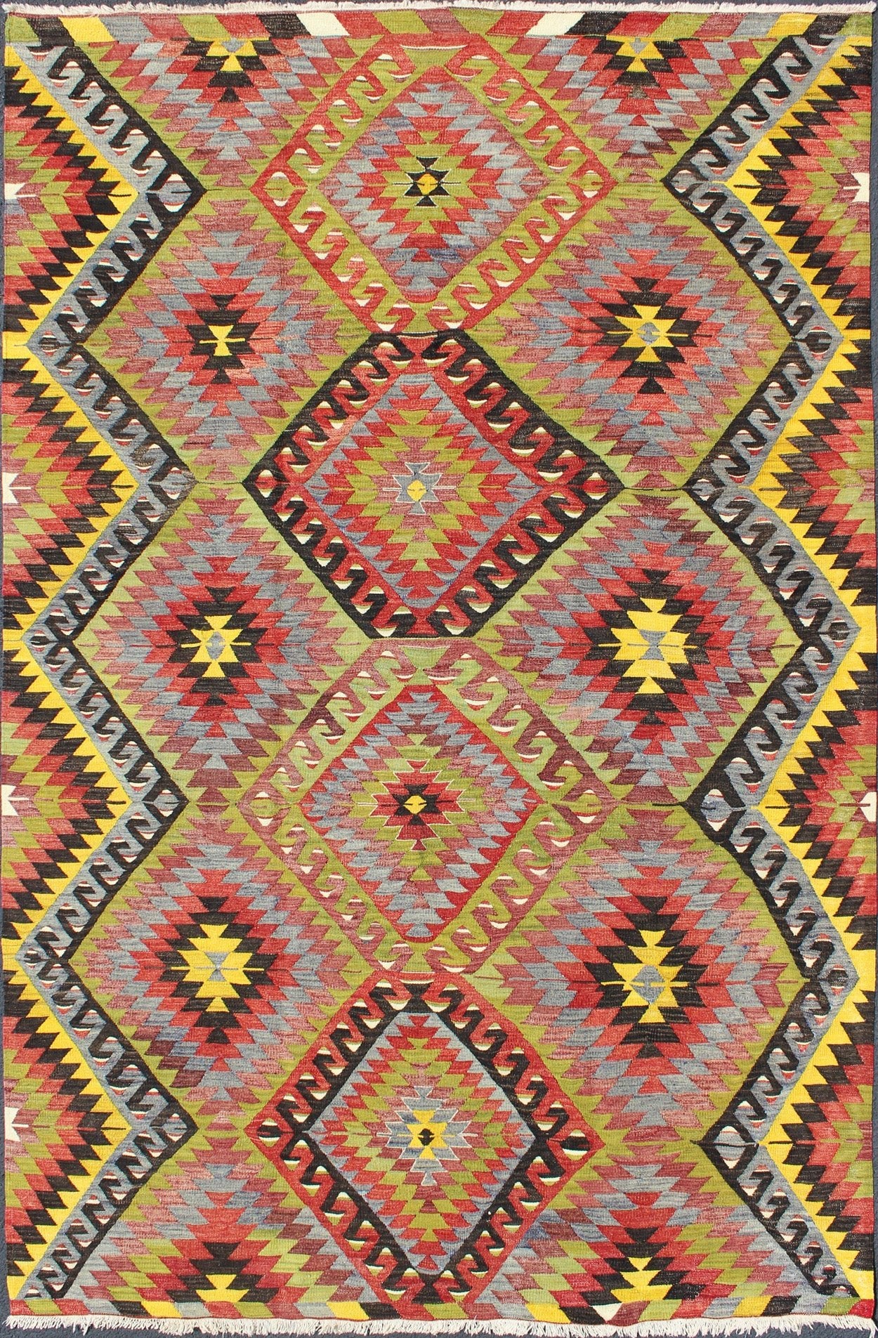 Vintage Turkish Kilim with Diamond Design in Brilliant Multi Colors. Measures: 5'8 x 8'11. This colorful Turkish Kilim boasts a repeating diamond pattern in vivid greens, yellows and reds, giving it a very modern look, perfect for modern and cas... - Keivan Woven ArtsTU - NED - 114 - 3536Rug
