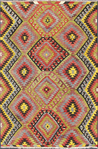 Vintage Turkish Kilim with Diamond Design in Brilliant Multi Colors. Measures: 5'8 x 8'11. This colorful Turkish Kilim boasts a repeating diamond pattern in vivid greens, yellows and reds, giving it a very modern look, perfect for modern and cas... - Keivan Woven ArtsTU - NED - 114 - 3536Rug