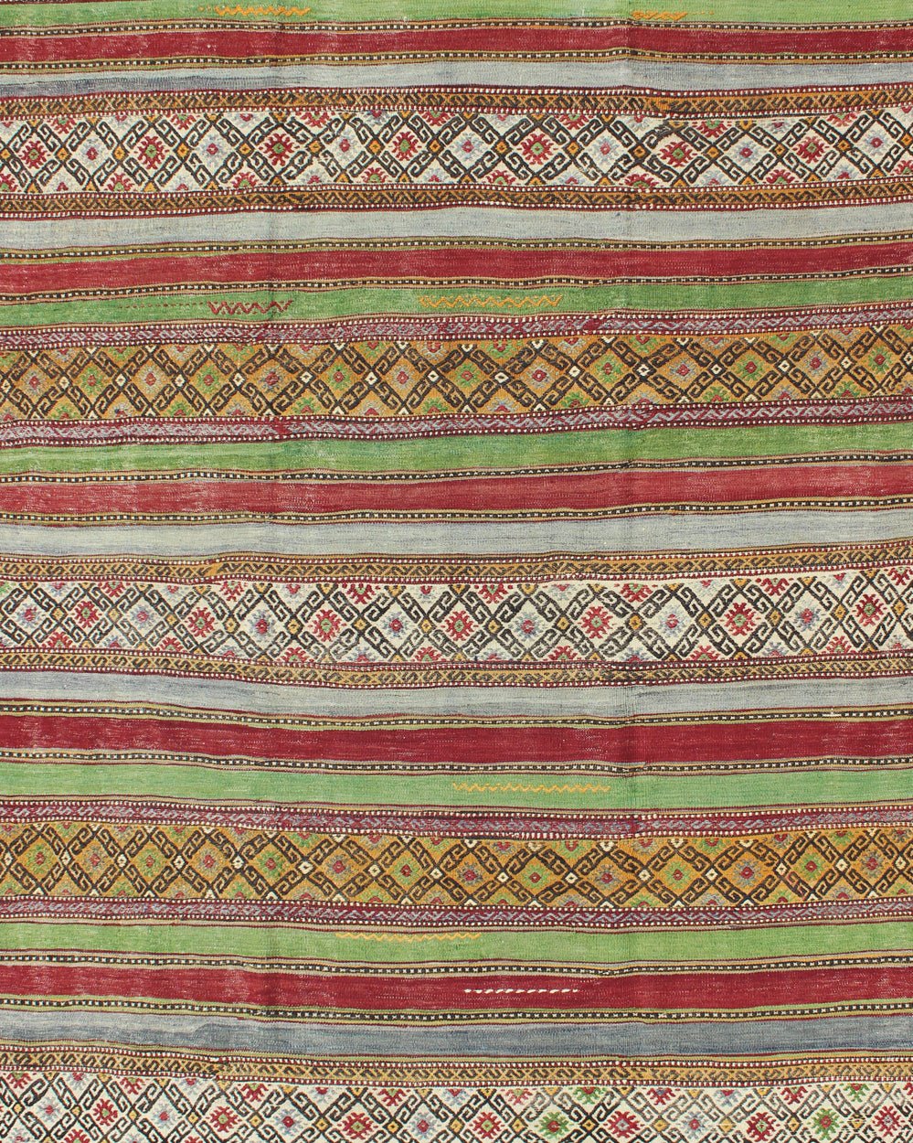 Fine Weave Turkish Kilim with Embroidery - With a combination of stripe and diamond patterns, this beautiful Kilim features intense and vivid colors of green, red, gray, purple, gold, orange, brown, and ivory. Measures: 6'2 x 9'2. - Keivan Woven ArtsTU - NED - 115 - 3540Rug