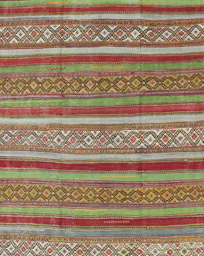 Fine Weave Turkish Kilim with Embroidery - With a combination of stripe and diamond patterns, this beautiful Kilim features intense and vivid colors of green, red, gray, purple, gold, orange, brown, and ivory. Measures: 6'2 x 9'2. - Keivan Woven ArtsTU - NED - 115 - 3540Rug
