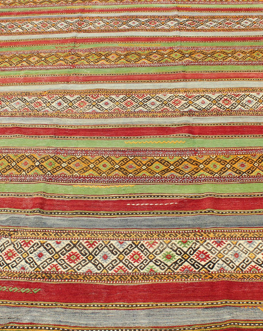 Fine Weave Turkish Kilim with Embroidery - With a combination of stripe and diamond patterns, this beautiful Kilim features intense and vivid colors of green, red, gray, purple, gold, orange, brown, and ivory. Measures: 6'2 x 9'2. - Keivan Woven ArtsTU - NED - 115 - 3540Rug