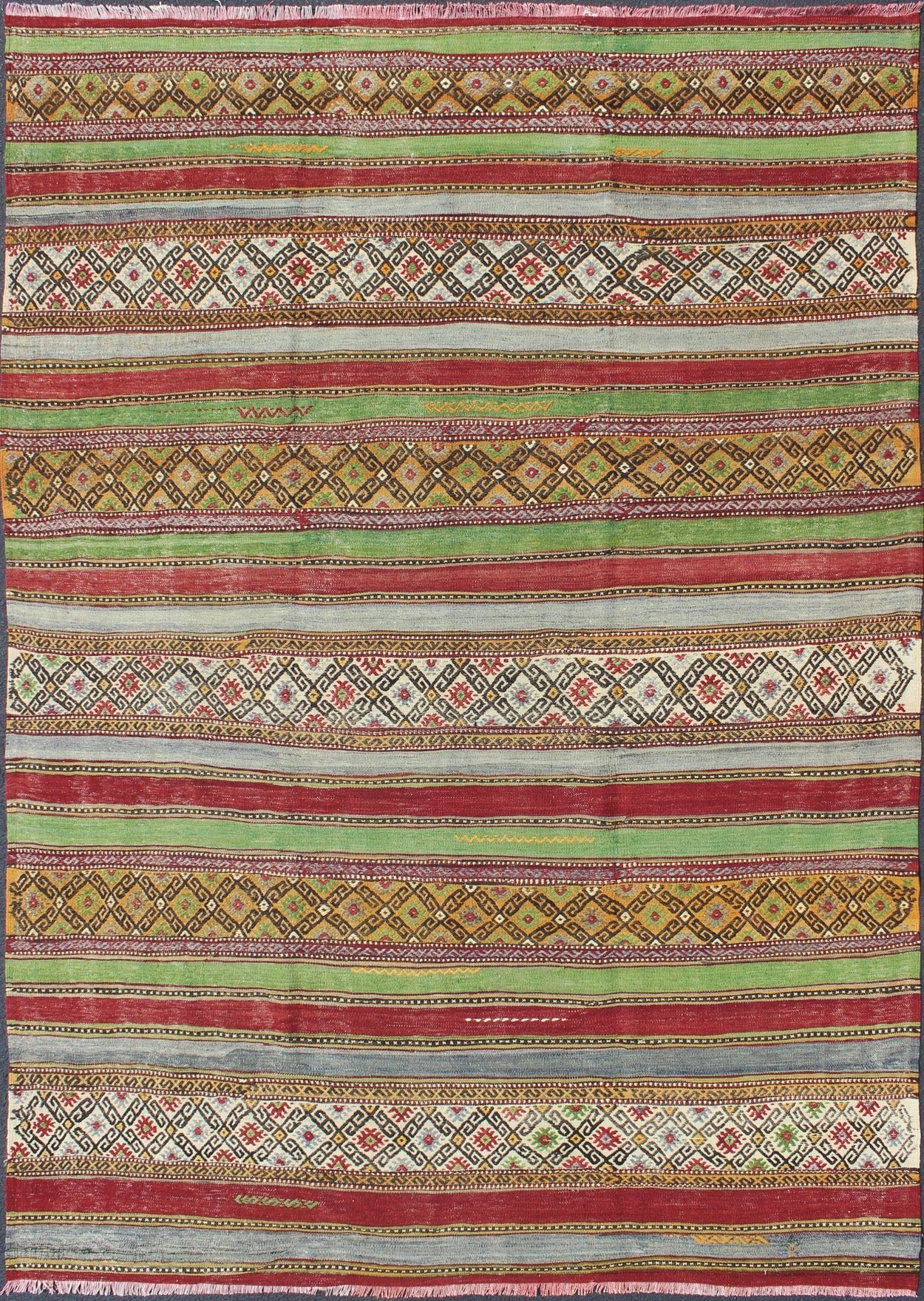 Fine Weave Turkish Kilim with Embroidery - With a combination of stripe and diamond patterns, this beautiful Kilim features intense and vivid colors of green, red, gray, purple, gold, orange, brown, and ivory. Measures: 6'2 x 9'2. - Keivan Woven ArtsTU - NED - 115 - 3540Rug