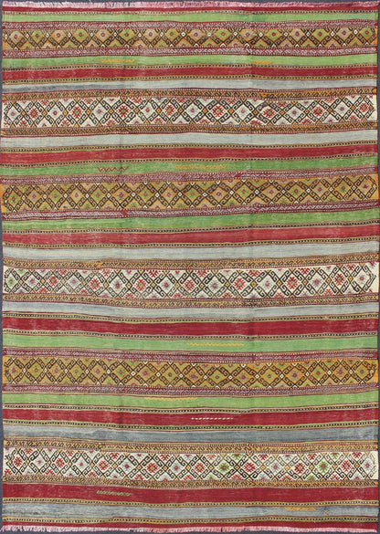 Fine Weave Turkish Kilim with Embroidery - With a combination of stripe and diamond patterns, this beautiful Kilim features intense and vivid colors of green, red, gray, purple, gold, orange, brown, and ivory. Measures: 6'2 x 9'2. - Keivan Woven ArtsTU - NED - 115 - 3540Rug