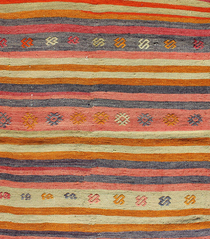Vintage Turkish Kilim Runner With Geometric Tribal Designs and Colorful Stripes. Keivan Woven Arts / rug TU - NED - 119, country of origin / type: Turkey / Kilim, circa mid - 20th century Measures: 2'10 x 9'2. Featuring tribal shapes rendered in a repe... - Keivan Woven ArtsTU - NED - 119 - 3544Rug