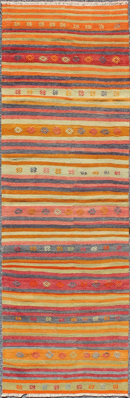 Vintage Turkish Kilim Runner With Geometric Tribal Designs and Colorful Stripes. Keivan Woven Arts / rug TU - NED - 119, country of origin / type: Turkey / Kilim, circa mid - 20th century Measures: 2'10 x 9'2. Featuring tribal shapes rendered in a repe... - Keivan Woven ArtsTU - NED - 119 - 3544Rug