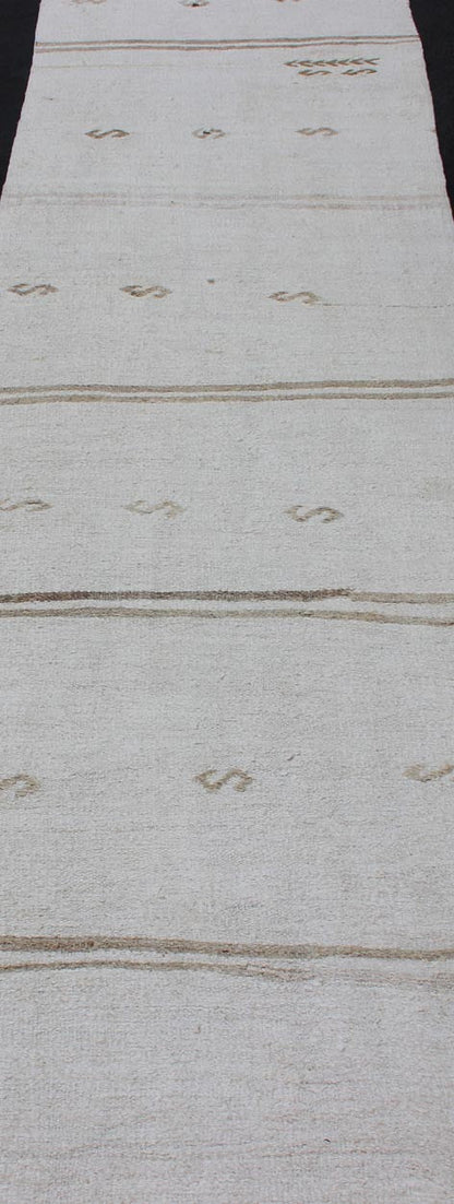 Vintage Turkish Flat - Weave Runner with Modern Stripe Design in White Color Modern Kilim runner from Turkey with stripes. Keivan Woven Arts, rug TU - NED - 1206, country of origin / type: Turkey / Kilim, circa 1960 This modern - design vintage r... - Keivan Woven ArtsTU - NED - 1206 - 12184Rug