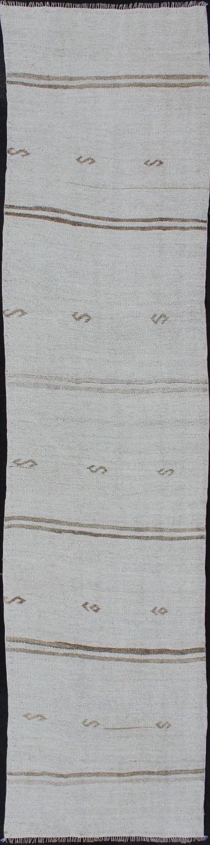 Vintage Turkish Flat - Weave Runner with Modern Stripe Design in White Color Modern Kilim runner from Turkey with stripes. Keivan Woven Arts, rug TU - NED - 1206, country of origin / type: Turkey / Kilim, circa 1960 This modern - design vintage r... - Keivan Woven ArtsTU - NED - 1206 - 12184Rug