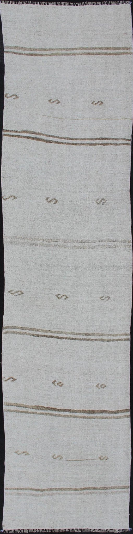 Vintage Turkish Flat - Weave Runner with Modern Stripe Design in White Color Modern Kilim runner from Turkey with stripes. Keivan Woven Arts, rug TU - NED - 1206, country of origin / type: Turkey / Kilim, circa 1960 This modern - design vintage r... - Keivan Woven ArtsTU - NED - 1206 - 12184