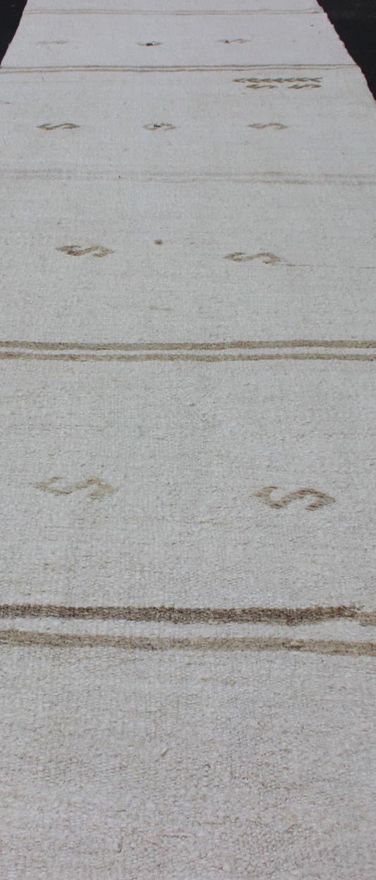 Vintage Turkish Kilim Runner with Stripes in Off White & Light brown. Keivan Woven Arts / rug TU - NED - 1207, country of origin / type: Turkey / Kilim, circa 1950 Measures: 2'7 x 11'10 This flat - woven Kilim runner from Turkey features an ra... - Keivan Woven ArtsTU - NED - 1207 - 12190Rug