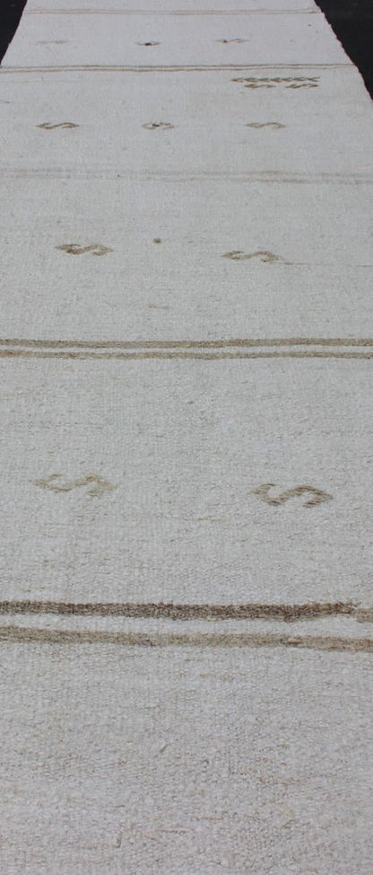 Vintage Turkish Kilim Runner with Stripes in Off White & Light brown. Keivan Woven Arts / rug TU - NED - 1207, country of origin / type: Turkey / Kilim, circa 1950 Measures: 2'7 x 11'10 This flat - woven Kilim runner from Turkey features an ra... - Keivan Woven ArtsTU - NED - 1207 - 12190Rug