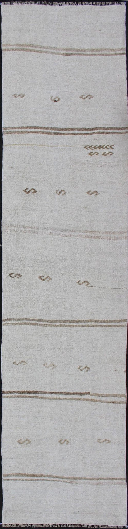 Vintage Turkish Kilim Runner with Stripes in Off White & Light brown. Keivan Woven Arts / rug TU - NED - 1207, country of origin / type: Turkey / Kilim, circa 1950 Measures: 2'7 x 11'10 This flat - woven Kilim runner from Turkey features an ra... - Keivan Woven ArtsTU - NED - 1207 - 12190Rug