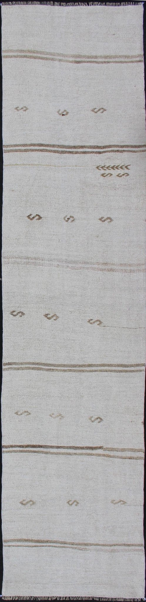 Vintage Turkish Kilim Runner with Stripes in Off White & Light brown. Keivan Woven Arts / rug TU - NED - 1207, country of origin / type: Turkey / Kilim, circa 1950 Measures: 2'7 x 11'10 This flat - woven Kilim runner from Turkey features an ra... - Keivan Woven ArtsTU - NED - 1207 - 12190
