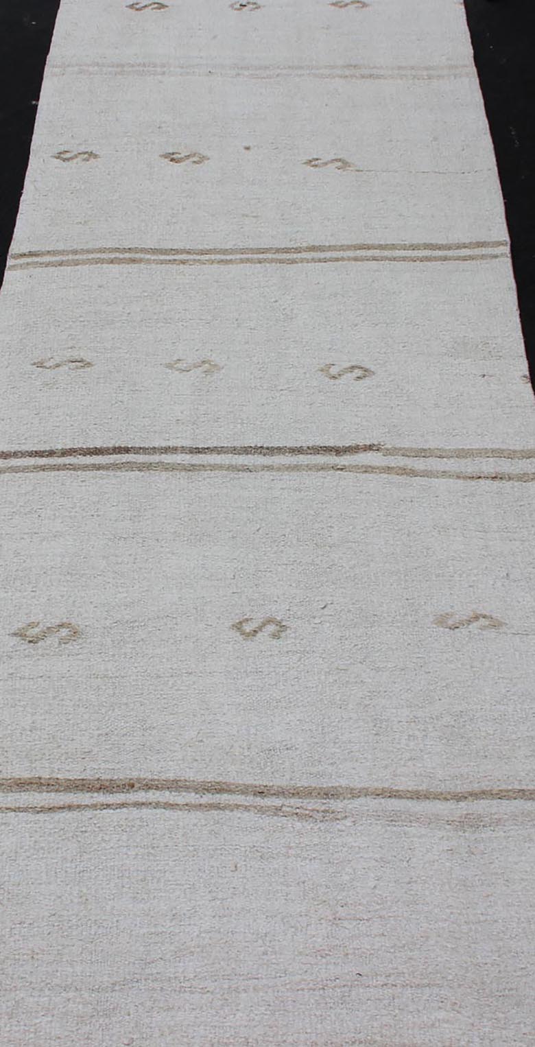 Vintage Turkish Kilim Runner with Stripes in Off White & Light brown. Keivan Woven Arts / rug TU - NED - 1207, country of origin / type: Turkey / Kilim, circa 1950 Measures: 2'7 x 11'10 This flat - woven Kilim runner from Turkey features an ra... - Keivan Woven ArtsTU - NED - 1207 - 12190Rug