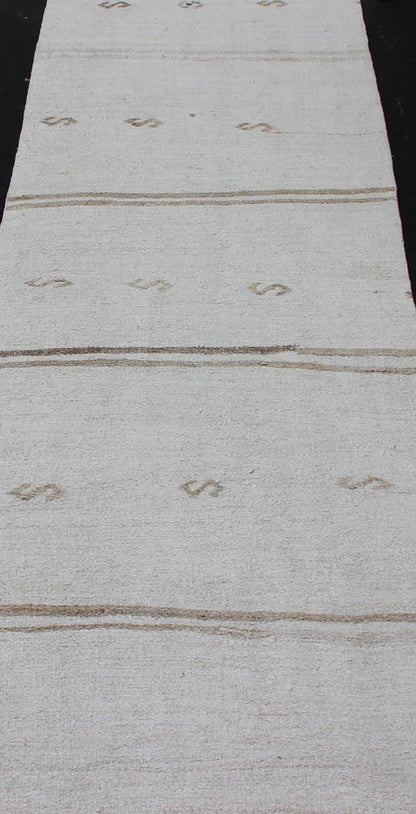 Vintage Turkish Kilim Runner with Stripes in Off White & Light brown. Keivan Woven Arts / rug TU - NED - 1207, country of origin / type: Turkey / Kilim, circa 1950 Measures: 2'7 x 11'10 This flat - woven Kilim runner from Turkey features an ra... - Keivan Woven ArtsTU - NED - 1207 - 12190Rug