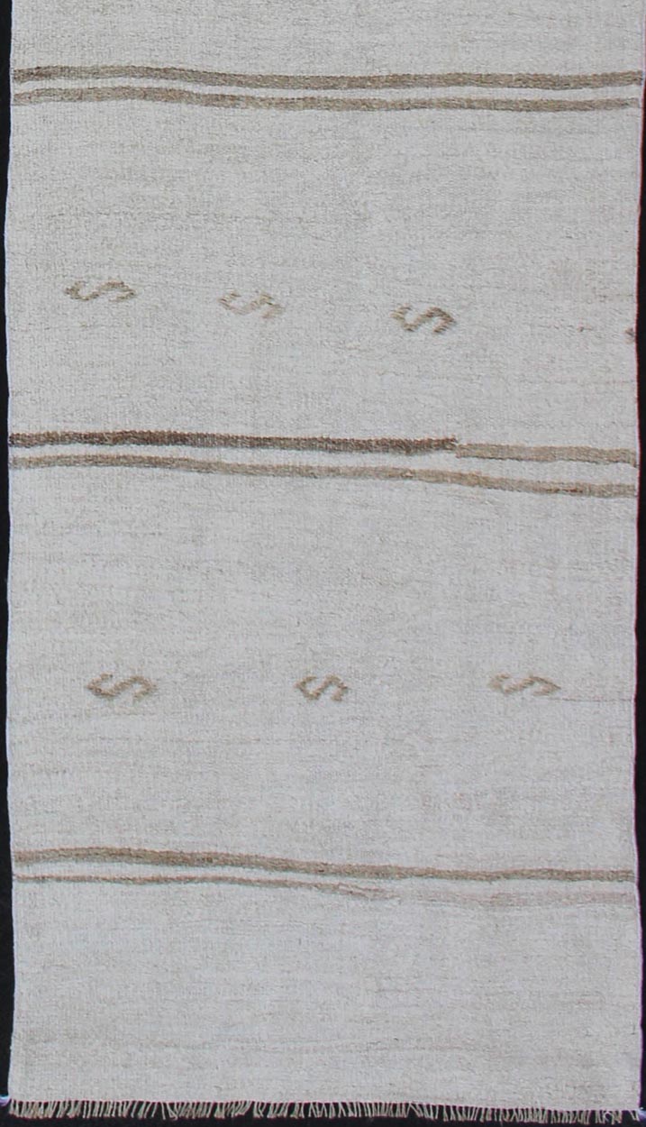 Vintage Turkish Kilim Runner with Stripes in Off White & Light brown. Keivan Woven Arts / rug TU - NED - 1207, country of origin / type: Turkey / Kilim, circa 1950 Measures: 2'7 x 11'10 This flat - woven Kilim runner from Turkey features an ra... - Keivan Woven ArtsTU - NED - 1207 - 12190Rug