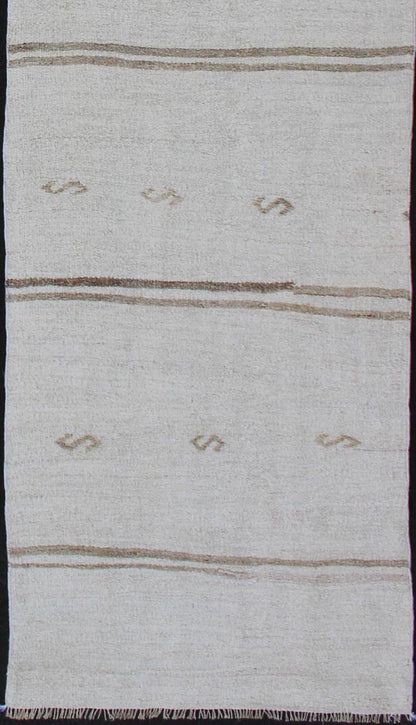 Vintage Turkish Kilim Runner with Stripes in Off White & Light brown. Keivan Woven Arts / rug TU - NED - 1207, country of origin / type: Turkey / Kilim, circa 1950 Measures: 2'7 x 11'10 This flat - woven Kilim runner from Turkey features an ra... - Keivan Woven ArtsTU - NED - 1207 - 12190Rug