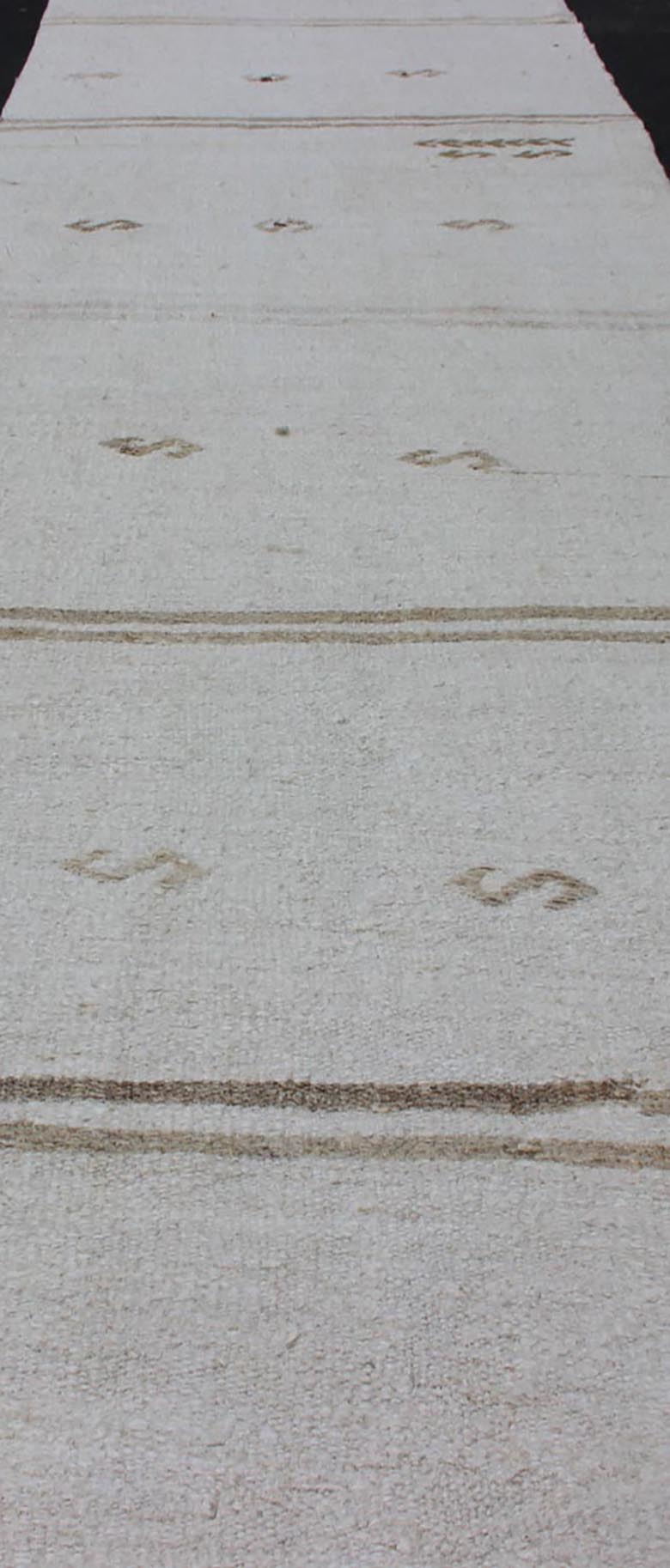 Vintage Turkish Kilim Runner with Stripes in Off White & Light brown. Keivan Woven Arts / rug TU - NED - 1207, country of origin / type: Turkey / Kilim, circa 1950 Measures: 2'7 x 11'10 This flat - woven Kilim runner from Turkey features an ra... - Keivan Woven ArtsTU - NED - 1207 - 12190Rug