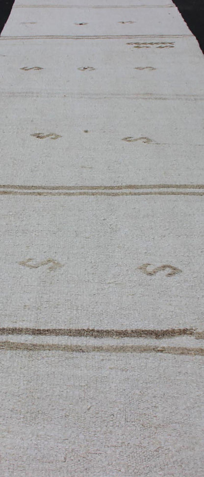 Vintage Turkish Kilim Runner with Stripes in Off White & Light brown. Keivan Woven Arts / rug TU - NED - 1207, country of origin / type: Turkey / Kilim, circa 1950 Measures: 2'7 x 11'10 This flat - woven Kilim runner from Turkey features an ra... - Keivan Woven ArtsTU - NED - 1207 - 12190Rug