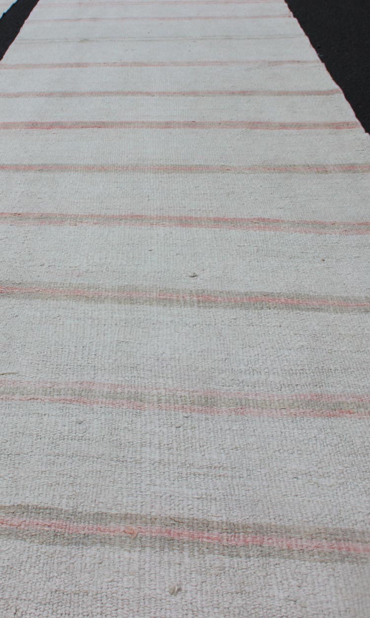 Vintage Turkish Kilim Runner with Stripes in Light Coral and Neutral Tones. Keivan Woven Arts / rug TU - NED - 1208, country of origin / type: Turkey / Kilim, circa 1950. Measures:2'8 x 12'3 This flat - woven Kilim runner from Turkey features an excit... - Keivan Woven ArtsTU - NED - 1208 - 12196Rug