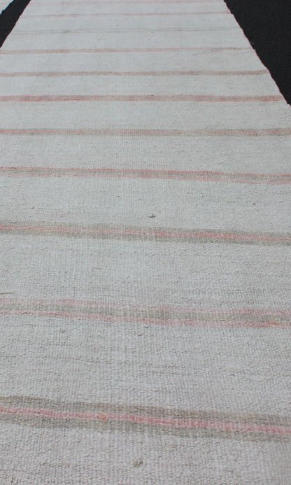 Vintage Turkish Kilim Runner with Stripes in Light Coral and Neutral Tones. Keivan Woven Arts / rug TU - NED - 1208, country of origin / type: Turkey / Kilim, circa 1950. Measures:2'8 x 12'3 This flat - woven Kilim runner from Turkey features an excit... - Keivan Woven ArtsTU - NED - 1208 - 12196Rug
