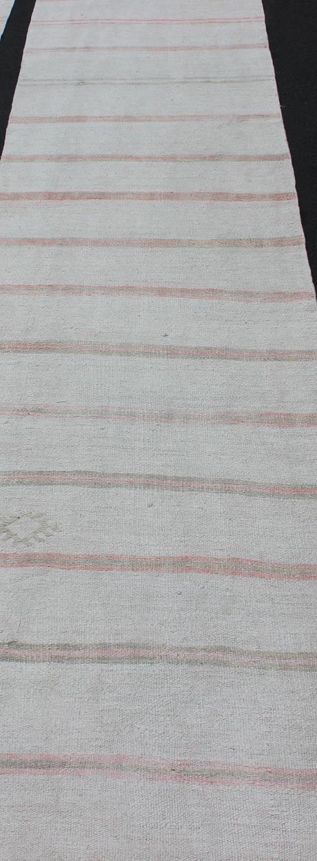 Vintage Turkish Kilim Runner with Stripes in Light Coral and Neutral Tones. Keivan Woven Arts / rug TU - NED - 1208, country of origin / type: Turkey / Kilim, circa 1950. Measures:2'8 x 12'3 This flat - woven Kilim runner from Turkey features an excit... - Keivan Woven ArtsTU - NED - 1208 - 12196Rug