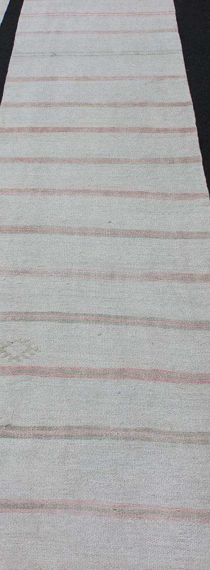 Vintage Turkish Kilim Runner with Stripes in Light Coral and Neutral Tones. Keivan Woven Arts / rug TU - NED - 1208, country of origin / type: Turkey / Kilim, circa 1950. Measures:2'8 x 12'3 This flat - woven Kilim runner from Turkey features an excit... - Keivan Woven ArtsTU - NED - 1208 - 12196Rug