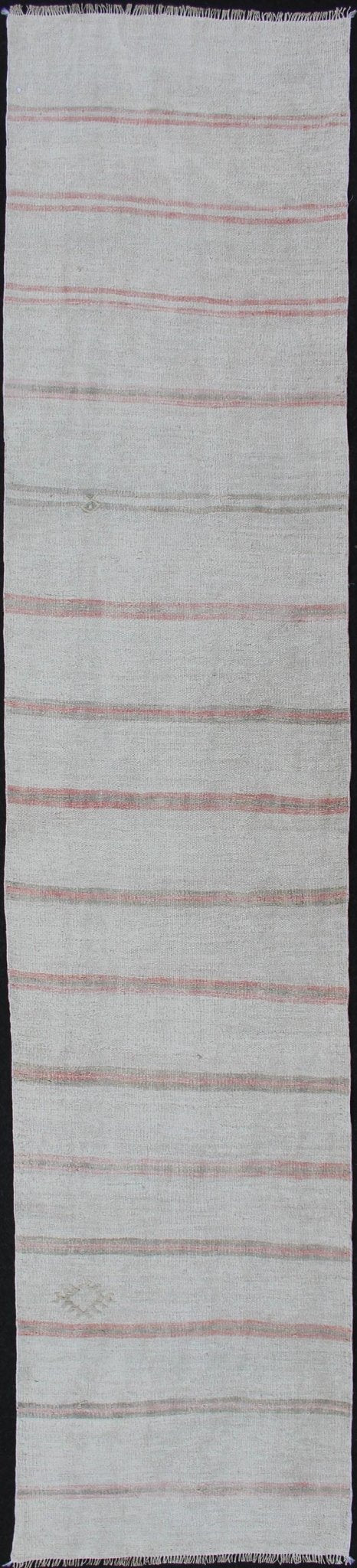 Vintage Turkish Kilim Runner with Stripes in Light Coral and Neutral Tones. Keivan Woven Arts / rug TU - NED - 1208, country of origin / type: Turkey / Kilim, circa 1950. Measures:2'8 x 12'3 This flat - woven Kilim runner from Turkey features an excit... - Keivan Woven ArtsTU - NED - 1208 - 12196