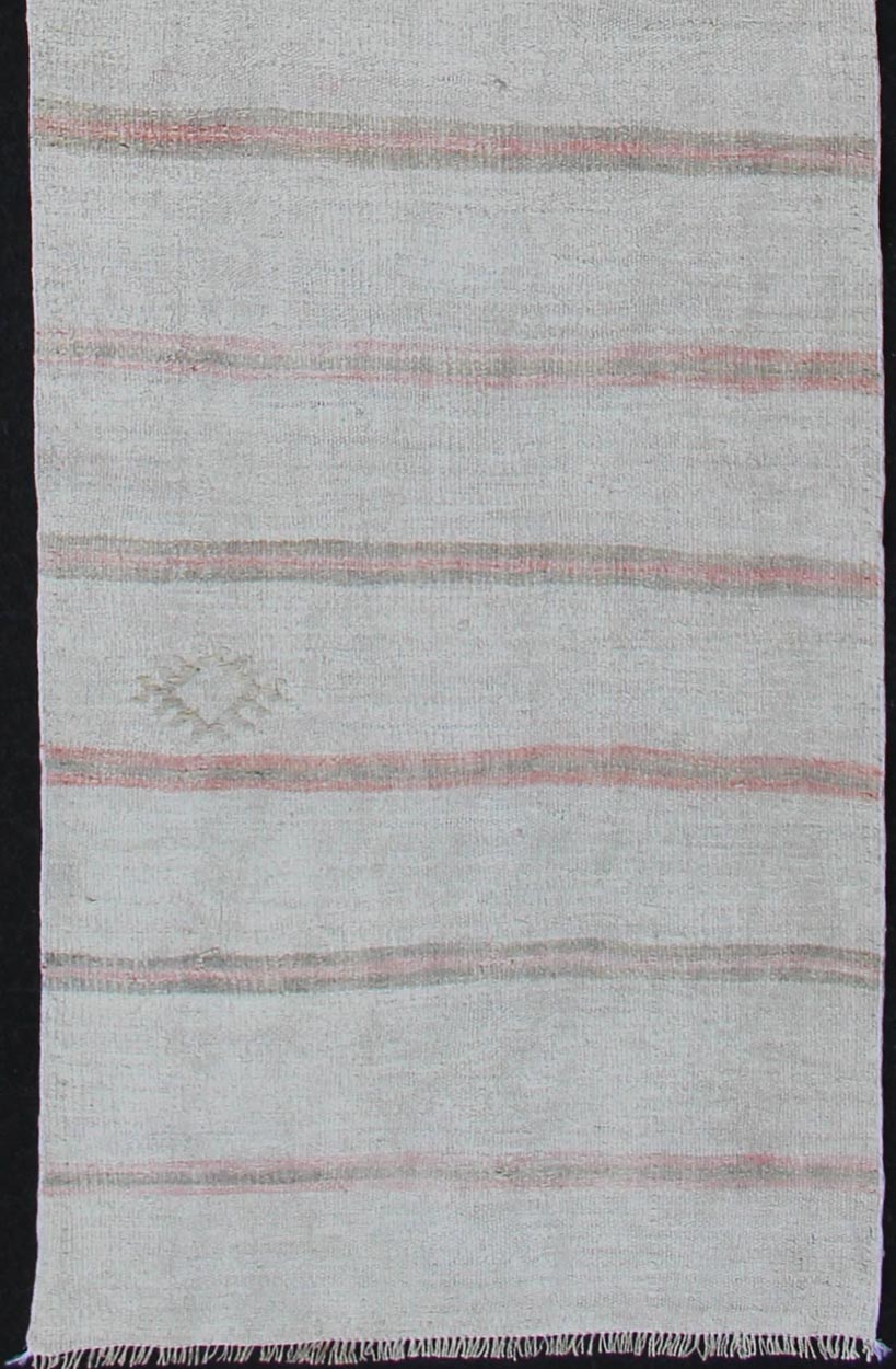Vintage Turkish Kilim Runner with Stripes in Light Coral and Neutral Tones. Keivan Woven Arts / rug TU - NED - 1208, country of origin / type: Turkey / Kilim, circa 1950. Measures:2'8 x 12'3 This flat - woven Kilim runner from Turkey features an excit... - Keivan Woven ArtsTU - NED - 1208 - 12196Rug