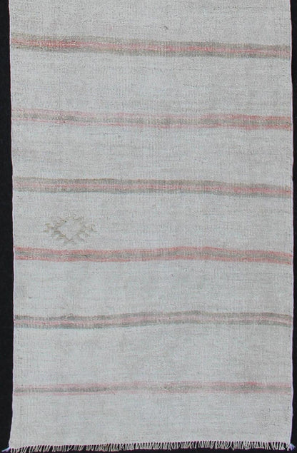 Vintage Turkish Kilim Runner with Stripes in Light Coral and Neutral Tones. Keivan Woven Arts / rug TU - NED - 1208, country of origin / type: Turkey / Kilim, circa 1950. Measures:2'8 x 12'3 This flat - woven Kilim runner from Turkey features an excit... - Keivan Woven ArtsTU - NED - 1208 - 12196Rug