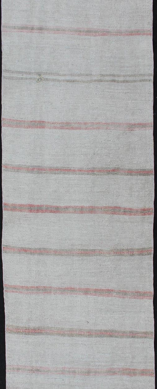 Vintage Turkish Kilim Runner with Stripes in Light Coral and Neutral Tones. Keivan Woven Arts / rug TU - NED - 1208, country of origin / type: Turkey / Kilim, circa 1950. Measures:2'8 x 12'3 This flat - woven Kilim runner from Turkey features an excit... - Keivan Woven ArtsTU - NED - 1208 - 12196Rug
