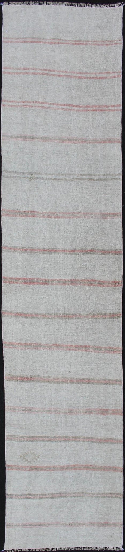 Vintage Turkish Kilim Runner with Stripes in Light Coral and Neutral Tones. Keivan Woven Arts / rug TU - NED - 1208, country of origin / type: Turkey / Kilim, circa 1950. Measures:2'8 x 12'3 This flat - woven Kilim runner from Turkey features an excit... - Keivan Woven ArtsTU - NED - 1208 - 12196Rug
