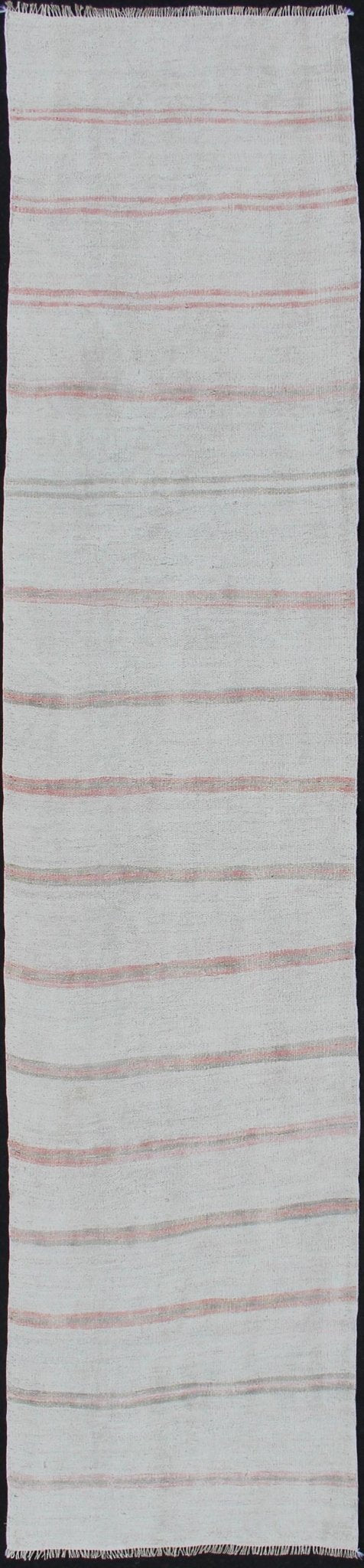 Striped Turkish Hand Woven Vintage Kilim Flat - Weave Rug in Shades of Soft Red and Cream Cream and soft red vintage Kilim from Turkey with Minimalist design in stripes, Keivan Woven Arts / rug TU - NED - 1209, country of origin / type: Turkey / Kilim... - Keivan Woven ArtsTU - NED - 1209 - 12202Rug