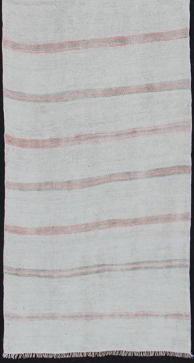Striped Turkish Hand Woven Vintage Kilim Flat - Weave Rug in Shades of Soft Red and Cream Cream and soft red vintage Kilim from Turkey with Minimalist design in stripes, Keivan Woven Arts / rug TU - NED - 1209, country of origin / type: Turkey / Kilim... - Keivan Woven ArtsTU - NED - 1209 - 12202Rug
