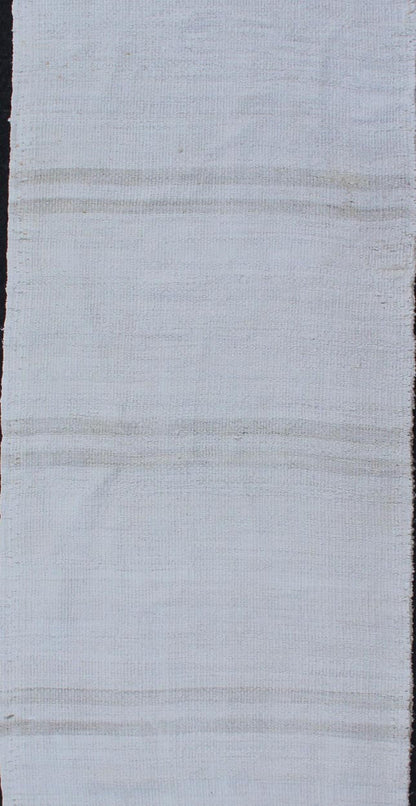 Vintage Turkish Flat - Weave Runner with Modern Stripe Design in White Color. Keivan Woven Arts / rug TU - NED - 1210, country of origin / type: Turkey / Kilim, circa 1960 Measures: 2'0 x 6'10 This modern - design vintage runner from Turkey features a s... - Keivan Woven ArtsTU - NED - 1210 - 11905Rug