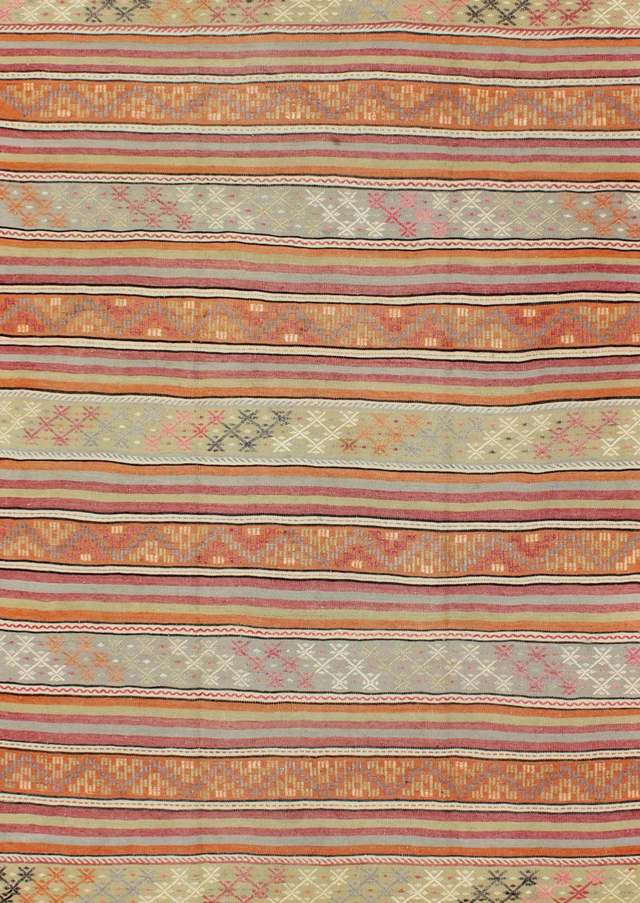 Turkish Kilim Vintage Rug with Assorted Stripe Design in a Variety of Colors, Keivan Woven Arts/ rug TU - NED - 122, country of origin / type: Turkey / Kilim, circa mid - 20th century Measures: 6'3 x 9'7 Featuring a repeating horizontal stripe ... - Keivan Woven ArtsTU - NED - 122 - 3550Rug