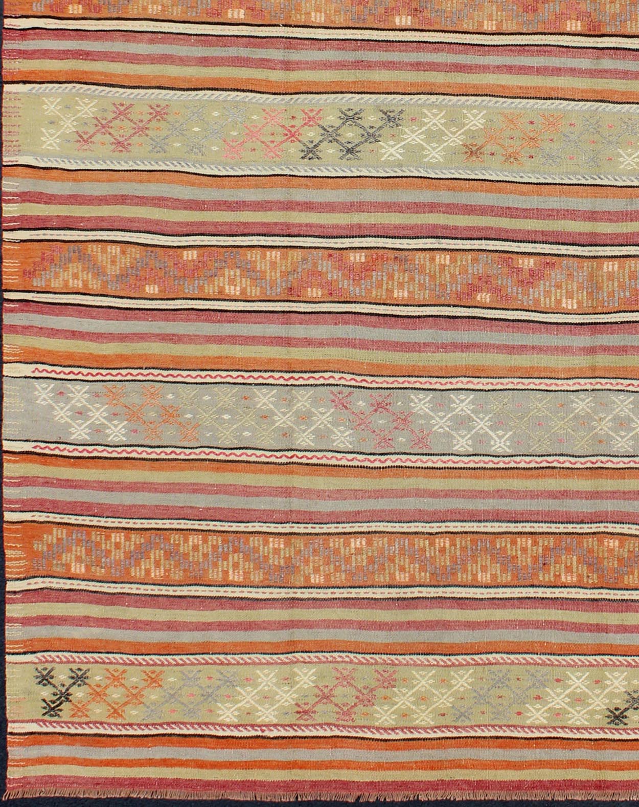 Turkish Kilim Vintage Rug with Assorted Stripe Design in a Variety of Colors, Keivan Woven Arts/ rug TU - NED - 122, country of origin / type: Turkey / Kilim, circa mid - 20th century Measures: 6'3 x 9'7 Featuring a repeating horizontal stripe ... - Keivan Woven ArtsTU - NED - 122 - 3550Rug