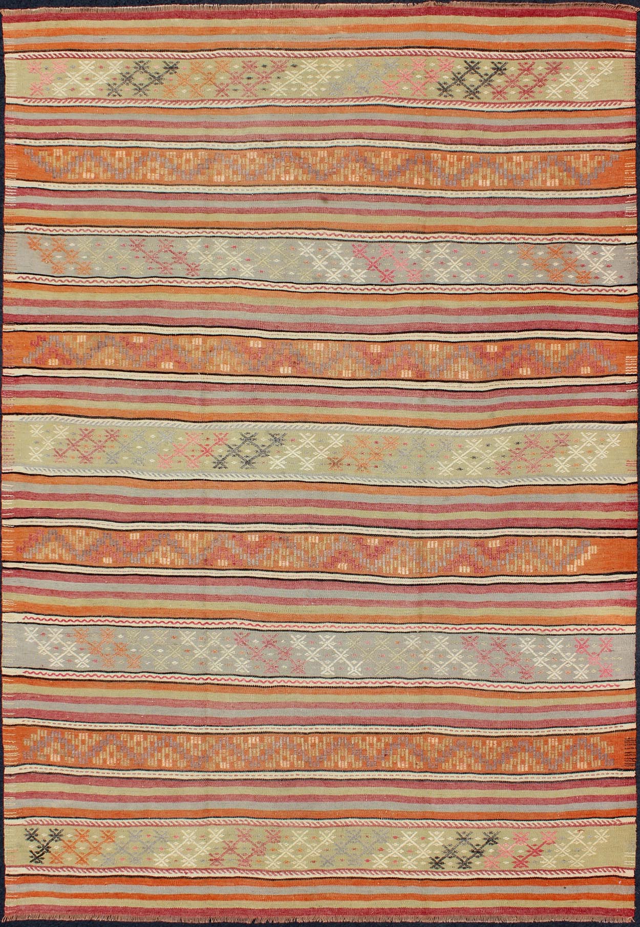 Turkish Kilim Vintage Rug with Assorted Stripe Design in a Variety of Colors, Keivan Woven Arts/ rug TU - NED - 122, country of origin / type: Turkey / Kilim, circa mid - 20th century Measures: 6'3 x 9'7 Featuring a repeating horizontal stripe ... - Keivan Woven ArtsTU - NED - 122 - 3550Rug