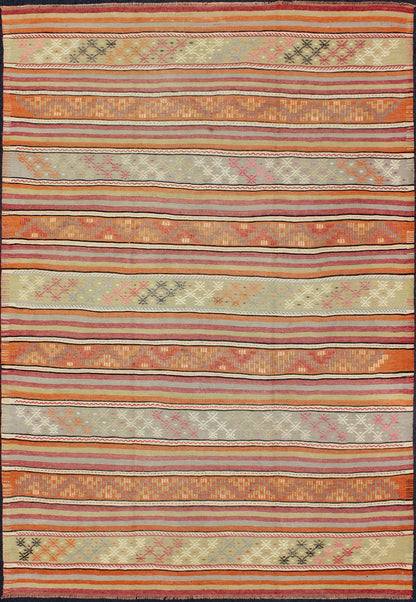Turkish Kilim Vintage Rug with Assorted Stripe Design in a Variety of Colors, Keivan Woven Arts/ rug TU - NED - 122, country of origin / type: Turkey / Kilim, circa mid - 20th century Measures: 6'3 x 9'7 Featuring a repeating horizontal stripe ... - Keivan Woven ArtsTU - NED - 122 - 3550Rug