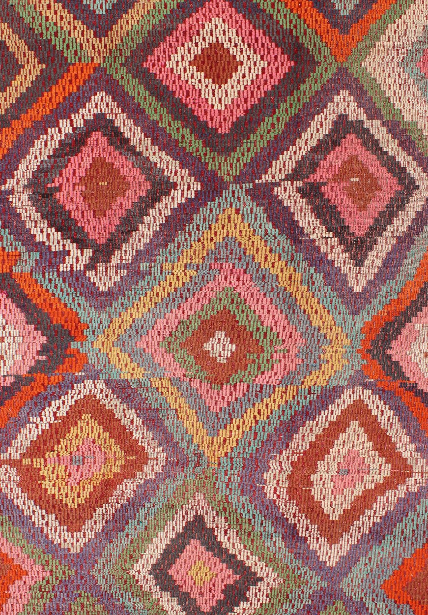 Vintage Turkish Jajim/Kilim Rug with Broken Diamond Pattern and Vibrant Colors: This wonderful Turkish Jajeem from the 1950's features a multi - diamond pattern rendered in a chic color palette. The broken diamond pattern, along with the very beautiful a... - Keivan Woven ArtsTU - NED - 128 - 3554Rug