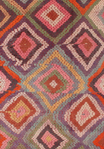 Vintage Turkish Jajim/Kilim Rug with Broken Diamond Pattern and Vibrant Colors: This wonderful Turkish Jajeem from the 1950's features a multi - diamond pattern rendered in a chic color palette. The broken diamond pattern, along with the very beautiful a... - Keivan Woven ArtsTU - NED - 128 - 3554Rug