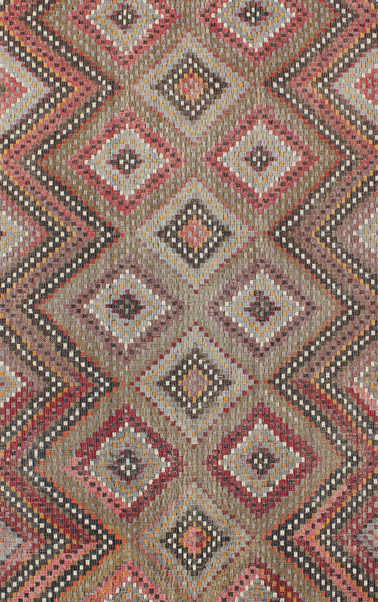 Vintage Turkish Embroidered Flat Weave with Diamond and Zig - Zag Pattern. Measures: 6'5 x 10'2. This Turkish Embroidered Jajeem displays a repeating diamond pattern in the field and a simple zig - zag border. The taupe in the center gives this rug ... - Keivan Woven ArtsTU - NED - 130 - 3558Rug
