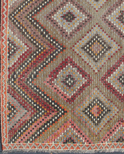 Vintage Turkish Embroidered Flat Weave with Diamond and Zig - Zag Pattern. Measures: 6'5 x 10'2. This Turkish Embroidered Jajeem displays a repeating diamond pattern in the field and a simple zig - zag border. The taupe in the center gives this rug ... - Keivan Woven ArtsTU - NED - 130 - 3558Rug