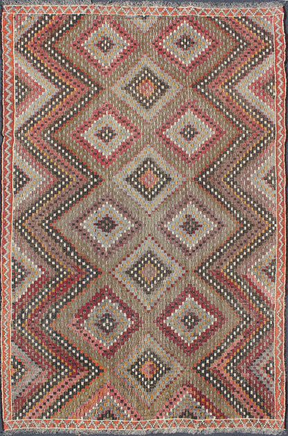 Vintage Turkish Embroidered Flat Weave with Diamond and Zig - Zag Pattern. Measures: 6'5 x 10'2. This Turkish Embroidered Jajeem displays a repeating diamond pattern in the field and a simple zig - zag border. The taupe in the center gives this rug ... - Keivan Woven ArtsTU - NED - 130 - 3558Rug