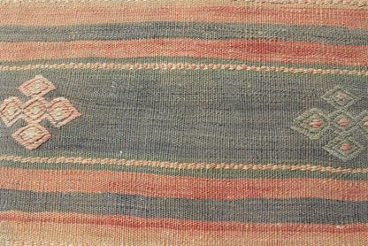 Vintage Turkish Tribal Kilim with Striped Design in Earthy Tones Measures: 5'4 x 9'8 This lovely Turkish Kilim has a striped, repeating pattern with clover motifs. The dark taupe - green stripes home the embroidered clovers, whereas the lig... - Keivan Woven ArtsTU - NED - 134 - 3562Rug