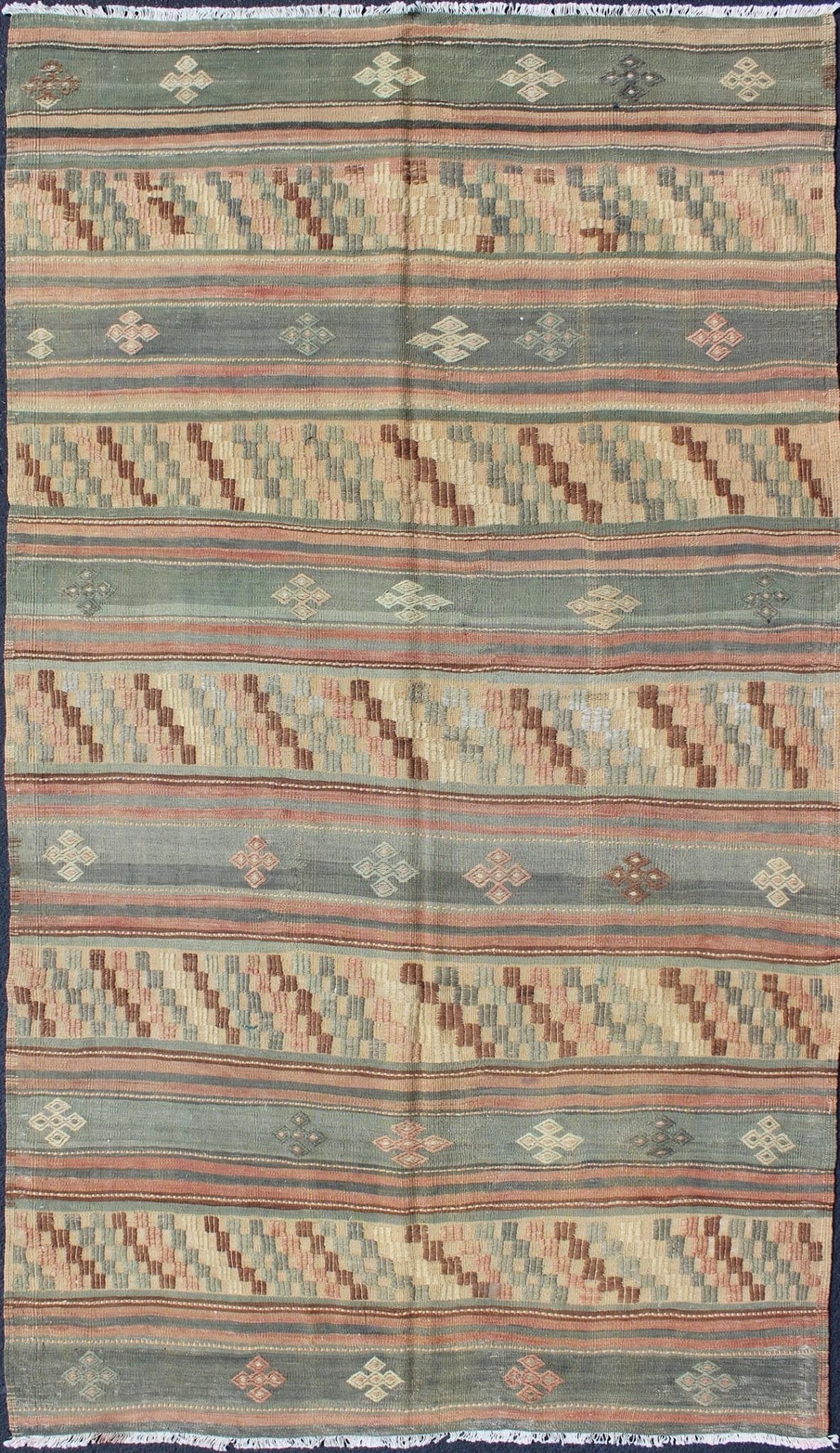 Vintage Turkish Tribal Kilim with Striped Design in Earthy Tones Measures: 5'4 x 9'8 This lovely Turkish Kilim has a striped, repeating pattern with clover motifs. The dark taupe - green stripes home the embroidered clovers, whereas the lig... - Keivan Woven ArtsTU - NED - 134 - 3562Rug