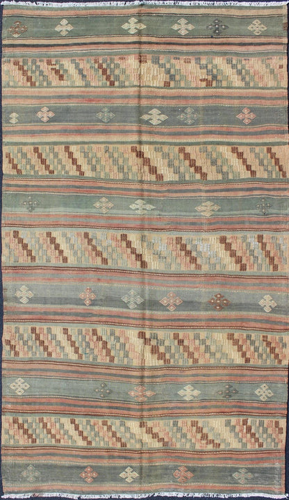 Vintage Turkish Tribal Kilim with Striped Design in Earthy Tones Measures: 5'4 x 9'8 This lovely Turkish Kilim has a striped, repeating pattern with clover motifs. The dark taupe - green stripes home the embroidered clovers, whereas the lig... - Keivan Woven ArtsTU - NED - 134 - 3562Rug