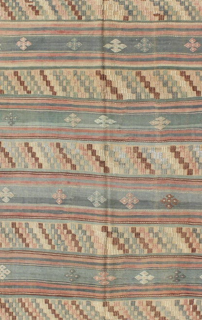 Vintage Turkish Tribal Kilim with Striped Design in Earthy Tones Measures: 5'4 x 9'8 This lovely Turkish Kilim has a striped, repeating pattern with clover motifs. The dark taupe - green stripes home the embroidered clovers, whereas the lig... - Keivan Woven ArtsTU - NED - 134 - 3562Rug