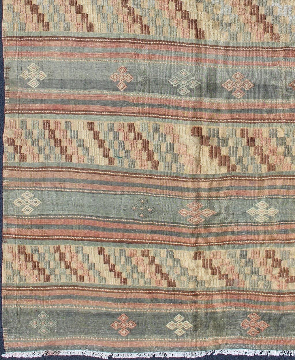 Vintage Turkish Tribal Kilim with Striped Design in Earthy Tones Measures: 5'4 x 9'8 This lovely Turkish Kilim has a striped, repeating pattern with clover motifs. The dark taupe - green stripes home the embroidered clovers, whereas the lig... - Keivan Woven ArtsTU - NED - 134 - 3562Rug